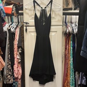 Lush brand black mini dress circle skirt lace back sz s lbd